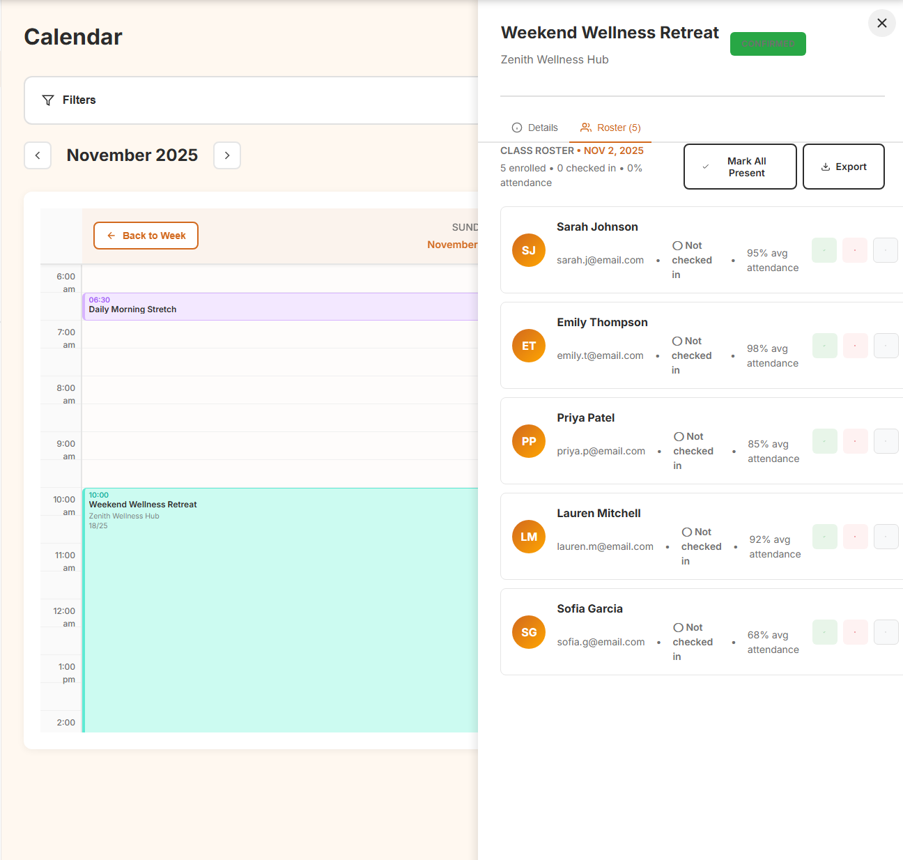 Calendar Detail View - Detailed class information