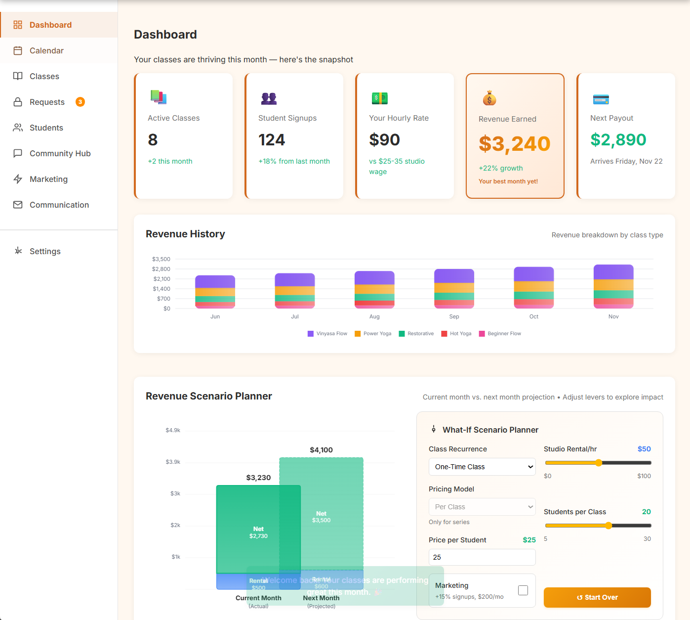 Instructor Dashboard - Manage your classes, students, and earnings