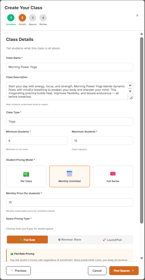 LaunchPad - Define your class and pricing